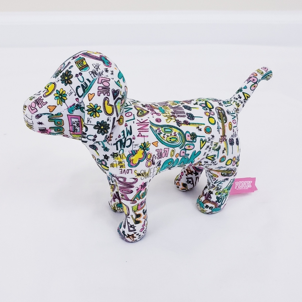 Victoria's Secret PINK Dog Stuffed Animal Y2K 90s Graffiti Words Tattoo Colorful